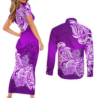 Polynesian Couples Matching Short Sleeve Bodycon Dress and Long Sleeve Button Shirts Pacific Flower Mix Floral Tribal Tattoo Purple Vibe LT9 - Wonder Print Shop