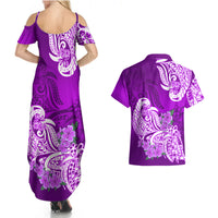 Polynesian Couples Matching Summer Maxi Dress and Hawaiian Shirt Pacific Flower Mix Floral Tribal Tattoo Purple Vibe LT9 - Wonder Print Shop