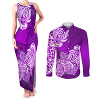 Polynesian Couples Matching Tank Maxi Dress and Long Sleeve Button Shirts Pacific Flower Mix Floral Tribal Tattoo Purple Vibe LT9 - Wonder Print Shop