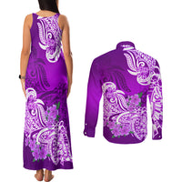 Polynesian Couples Matching Tank Maxi Dress and Long Sleeve Button Shirts Pacific Flower Mix Floral Tribal Tattoo Purple Vibe LT9 - Wonder Print Shop