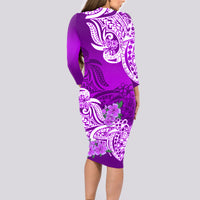 Polynesian Long Sleeve Bodycon Dress Pacific Flower Mix Floral Tribal Tattoo Purple Vibe - Wonder Print Shop