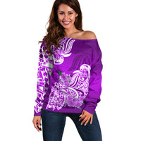 Polynesian Off Shoulder Sweater Pacific Flower Mix Floral Tribal Tattoo Purple Vibe - Wonder Print Shop