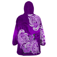 Polynesian Wearable Blanket Hoodie Pacific Flower Mix Floral Tribal Tattoo Purple Vibe - Wonder Print Shop
