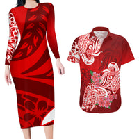 Polynesian Couples Matching Long Sleeve Bodycon Dress and Hawaiian Shirt Pacific Flower Mix Floral Tribal Tattoo Red Vibe LT9 - Wonder Print Shop