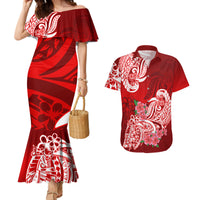 Polynesian Couples Matching Mermaid Dress And Hawaiian Shirt Pacific Flower Mix Floral Tribal Tattoo Red Vibe LT9 - Wonder Print Shop