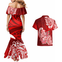 Polynesian Couples Matching Mermaid Dress And Hawaiian Shirt Pacific Flower Mix Floral Tribal Tattoo Red Vibe LT9 - Wonder Print Shop