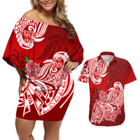Polynesian Couples Matching Off Shoulder Short Dress and Hawaiian Shirt Pacific Flower Mix Floral Tribal Tattoo Red Vibe LT9 - Wonder Print Shop