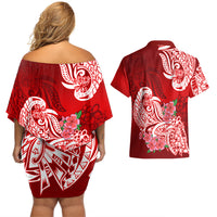 Polynesian Couples Matching Off Shoulder Short Dress and Hawaiian Shirt Pacific Flower Mix Floral Tribal Tattoo Red Vibe LT9 - Wonder Print Shop