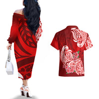 Polynesian Couples Matching Off The Shoulder Long Sleeve Dress and Hawaiian Shirt Pacific Flower Mix Floral Tribal Tattoo Red Vibe LT9 - Wonder Print Shop