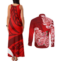 Polynesian Couples Matching Tank Maxi Dress and Long Sleeve Button Shirts Pacific Flower Mix Floral Tribal Tattoo Red Vibe LT9 - Wonder Print Shop