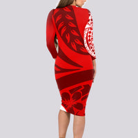 Polynesian Long Sleeve Bodycon Dress Pacific Flower Mix Floral Tribal Tattoo Red Vibe - Wonder Print Shop