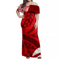 Polynesian Off Shoulder Maxi Dress Pacific Flower Mix Floral Tribal Tattoo Red Vibe - Wonder Print Shop