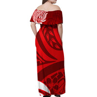 Polynesian Off Shoulder Maxi Dress Pacific Flower Mix Floral Tribal Tattoo Red Vibe - Wonder Print Shop