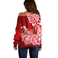 Polynesian Off Shoulder Sweater Pacific Flower Mix Floral Tribal Tattoo Red Vibe - Wonder Print Shop
