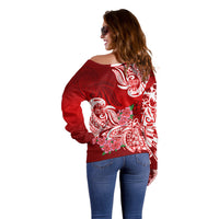 Polynesian Off Shoulder Sweater Pacific Flower Mix Floral Tribal Tattoo Red Vibe - Wonder Print Shop