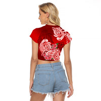 Polynesian Raglan Cropped T Shirt Pacific Flower Mix Floral Tribal Tattoo Red Vibe - Wonder Print Shop