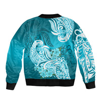 Polynesian Bomber Jacket Pacific Flower Mix Floral Tribal Tattoo Aqua Vibe LT9 - Wonder Print Shop