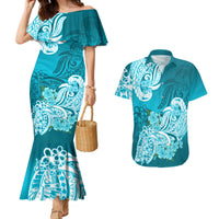 Aqua off-shoulder mermaid maxi dress and matching short-sleeve shirt with tribal floral print