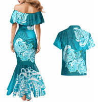 Aqua off-shoulder mermaid maxi dress and matching short-sleeve shirt set with tribal floral print
