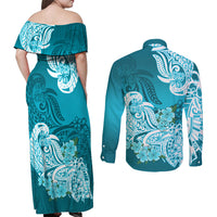 Aqua off-shoulder maxi dress and long-sleeve shirt back view, floral tribal print