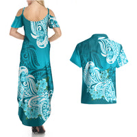 Polynesian Couples Matching Summer Maxi Dress and Hawaiian Shirt Pacific Flower Mix Floral Tribal Tattoo Aqua Vibe LT9 - Wonder Print Shop