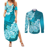 Aqua maxi dress with off-shoulder floral tribal print and long-sleeve button shirt