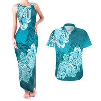Polynesian Couples Matching Tank Maxi Dress And Hawaiian Shirt Pacific Flower Mix Floral Tribal Tattoo Aqua Vibe LT9 - Wonder Print Shop