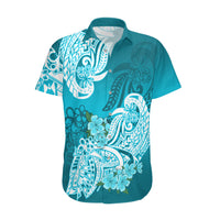 Polynesian Hawaiian Shirt Pacific Flower Mix Floral Tribal Tattoo Aqua Vibe - Wonder Print Shop
