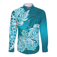 Polynesian Long Sleeve Button Shirt Pacific Flower Mix Floral Tribal Tattoo Aqua Vibe - Wonder Print Shop