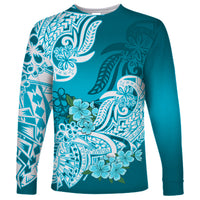 Polynesian Long Sleeve Shirt Pacific Flower Mix Floral Tribal Tattoo Aqua Vibe - Wonder Print Shop