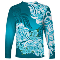 Polynesian Long Sleeve Shirt Pacific Flower Mix Floral Tribal Tattoo Aqua Vibe - Wonder Print Shop