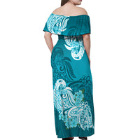 Polynesian Off Shoulder Maxi Dress Pacific Flower Mix Floral Tribal Tattoo Aqua Vibe - Wonder Print Shop