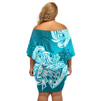 Polynesian Off Shoulder Short Dress Pacific Flower Mix Floral Tribal Tattoo Aqua Vibe - Wonder Print Shop