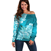 Polynesian Off Shoulder Sweater Pacific Flower Mix Floral Tribal Tattoo Aqua Vibe - Wonder Print Shop