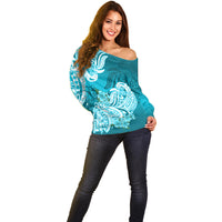 Polynesian Off Shoulder Sweater Pacific Flower Mix Floral Tribal Tattoo Aqua Vibe - Wonder Print Shop