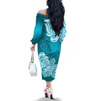 Women's off-shoulder long-sleeve dress, teal with aqua floral tribal back print