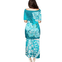 Polynesian Puletasi Pacific Flower Mix Floral Tribal Tattoo Aqua Vibe - Wonder Print Shop
