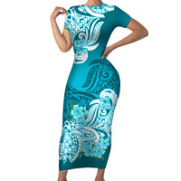 Teal short-sleeve bodycon maxi dress with white tribal floral print, fitted waist