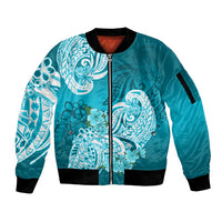 Polynesian Sleeve Zip Bomber Jacket Pacific Flower Mix Floral Tribal Tattoo Aqua Vibe - Wonder Print Shop