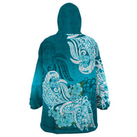 Polynesian Wearable Blanket Hoodie Pacific Flower Mix Floral Tribal Tattoo Aqua Vibe - Wonder Print Shop