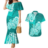 Turquoise mermaid dress and matching Hawaiian shirt set, floral tribal print