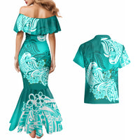 Turquoise mermaid dress and matching Hawaiian shirt set, back view tribal print