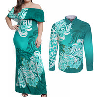 Turquoise off-shoulder maxi dress and long-sleeve button shirt with floral tribal print