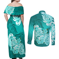 Back view turquoise off-shoulder maxi dress and long-sleeve button shirt, floral tribal print