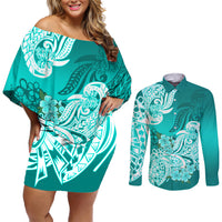 Polynesian Couples Matching Off Shoulder Short Dress and Long Sleeve Button Shirts Pacific Flower Mix Floral Tribal Tattoo Turquoise Vibe LT9 - Wonder Print Shop