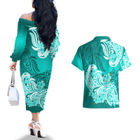 Polynesian Couples Matching Off The Shoulder Long Sleeve Dress and Hawaiian Shirt Pacific Flower Mix Floral Tribal Tattoo Turquoise Vibe LT9 - Wonder Print Shop