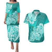 Turquoise puletasi dress and matching Hawaiian shirt with floral tribal print, front view