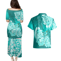 Turquoise matching puletasi dress and Hawaiian shirt with back floral tribal print