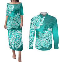 Turquoise puletasi dress and long-sleeve button shirt set with floral tribal print