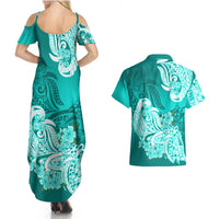 Polynesian Couples Matching Summer Maxi Dress and Hawaiian Shirt Pacific Flower Mix Floral Tribal Tattoo Turquoise Vibe LT9 - Wonder Print Shop